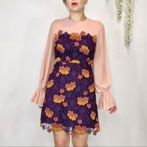 foxiedox Purple Lace Floral Mini Dress with Blush Sleeves